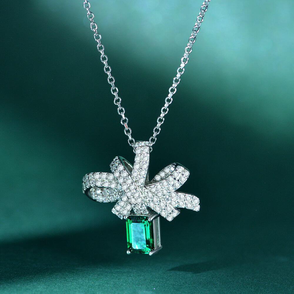 Lab Emerald Bow Sterling Silver Necklace Pendant - ReadYourHeart