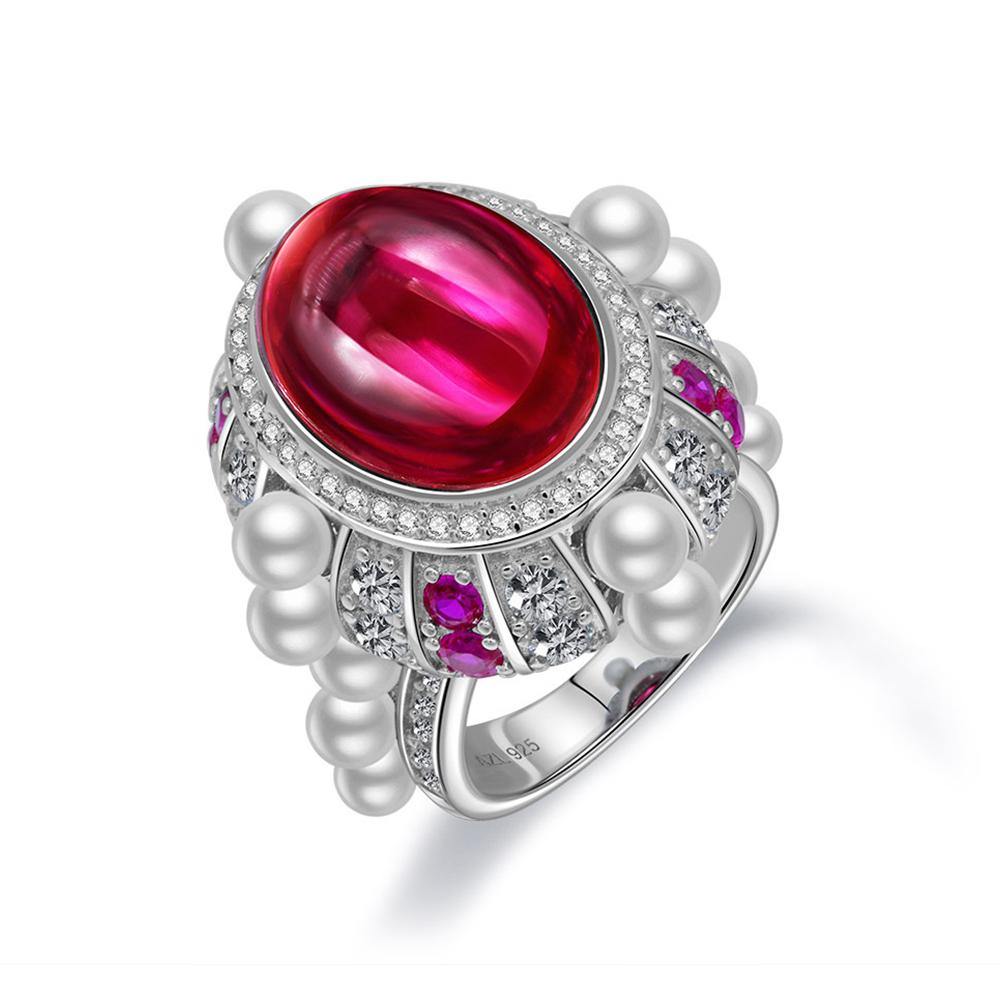 Luxury oval Red corundum pearl sterling silver ring - ReadYourHeart