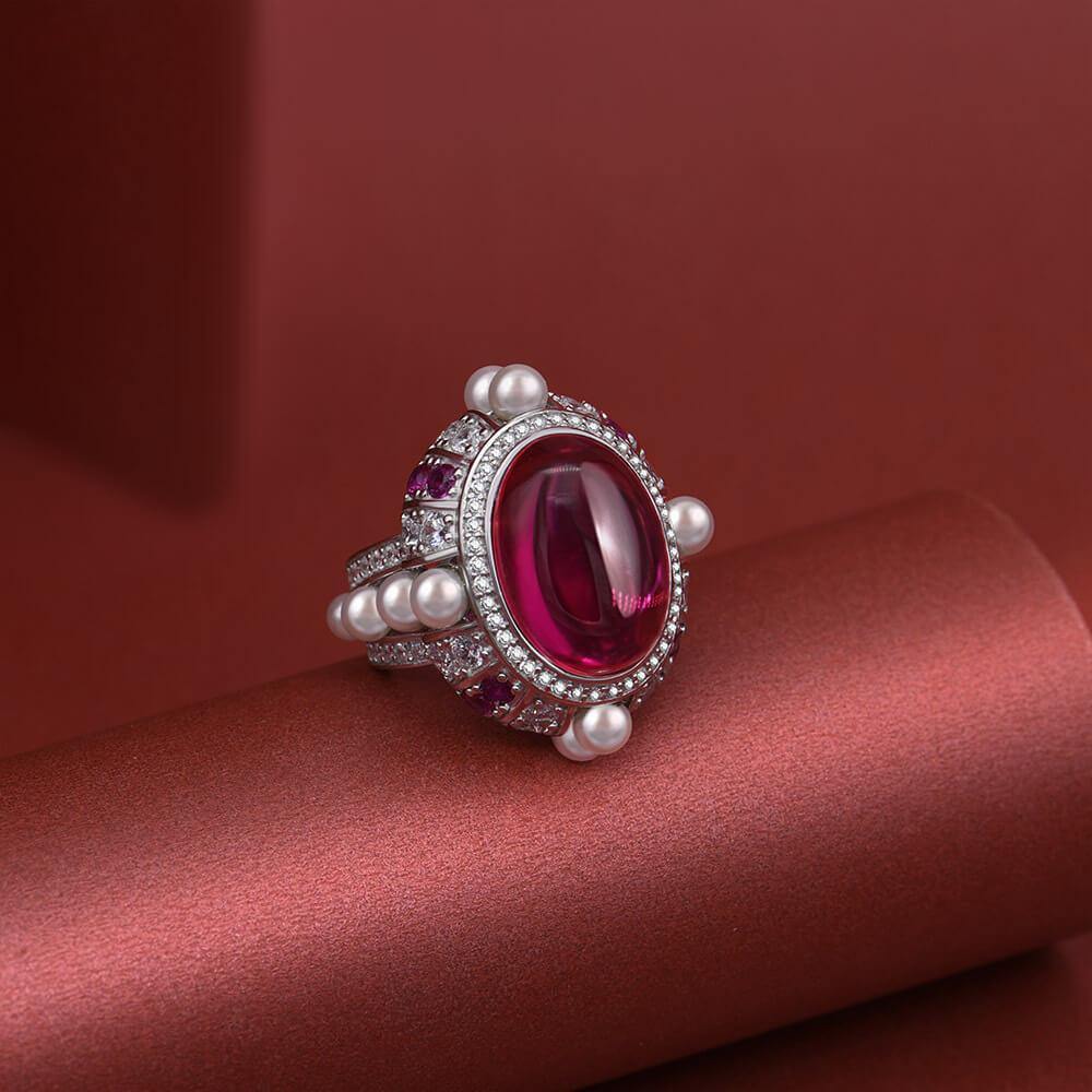 Luxury oval Red corundum pearl sterling silver ring - ReadYourHeart,RRS-R1159