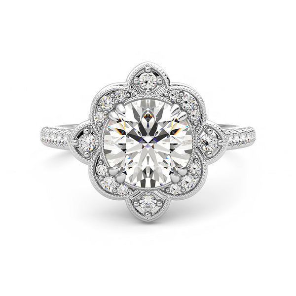 Milgrain Floral Halo Moissanite Pave Engagement Ring - ReadYourHeart