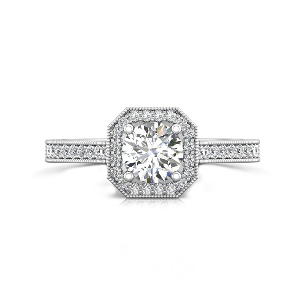 Milgrain Halo Round Moissanite Octagonal Frame Pave Engagement Ring - ReadYourHeart