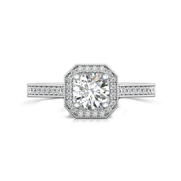 Milgrain Halo Round Moissanite Octagonal Frame Pave Engagement Ring - ReadYourHeart