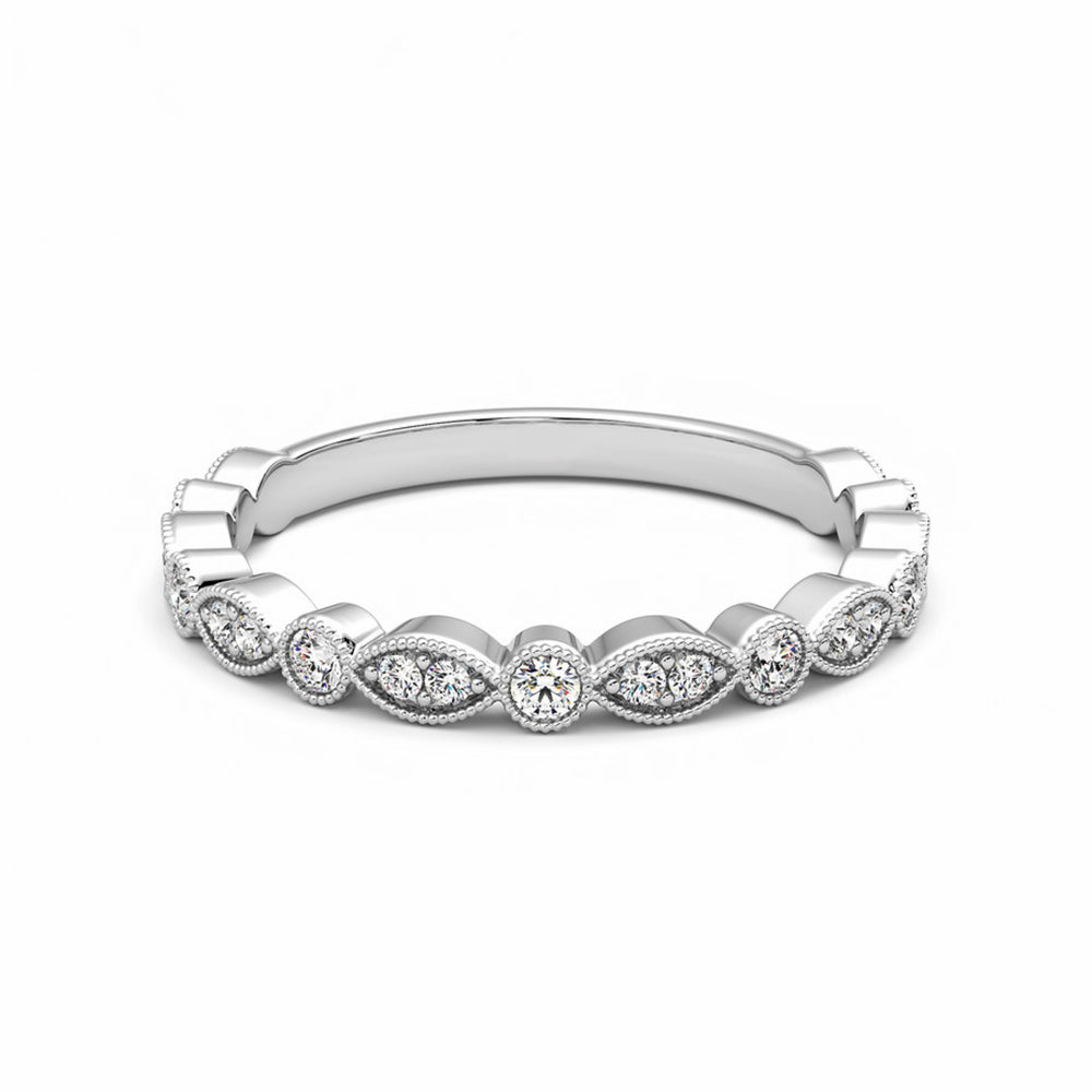 Milgrain Marquise and Dot Moissanite Half Eternity Wedding Band Ring In Sterling Silver - ReadYourHeart
