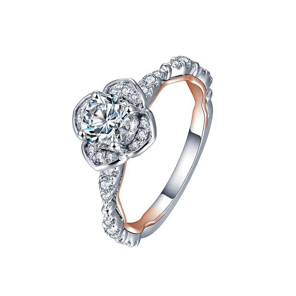 Moissanite Fashion Flower Two Tone Sterling Silver Wedding Band Ring Set - ReadYourHeart