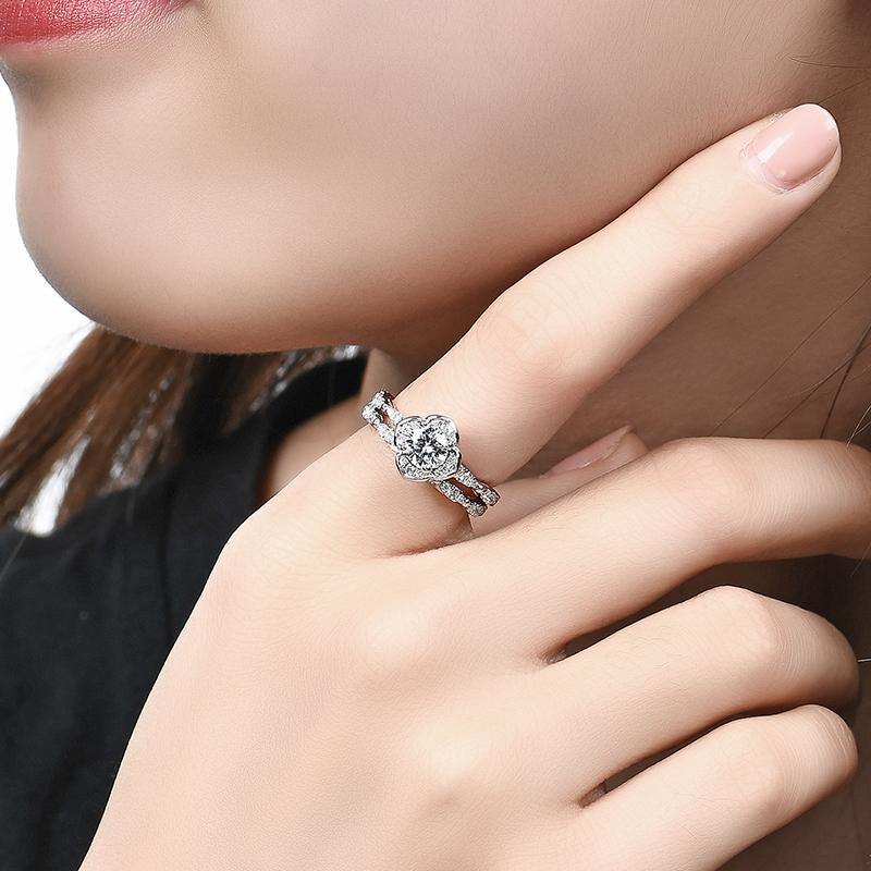 Moissanite Fashion Flower Two Tone Sterling Silver Wedding Band Ring Set - ReadYourHeart