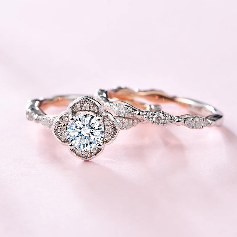 Moissanite Fashion Flower Two Tone Sterling Silver Wedding Band Ring Set - ReadYourHeart,RRL-LTR19092104