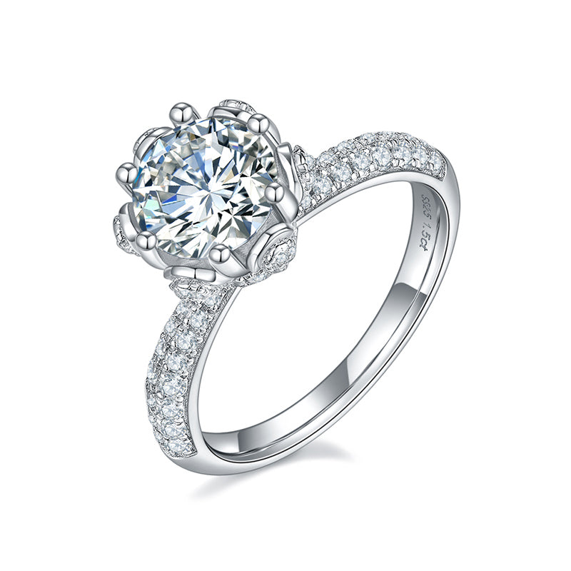 Moissanite Flower Six Prong Pave Sterling Silver Wedding Ring - ReadYourHeart