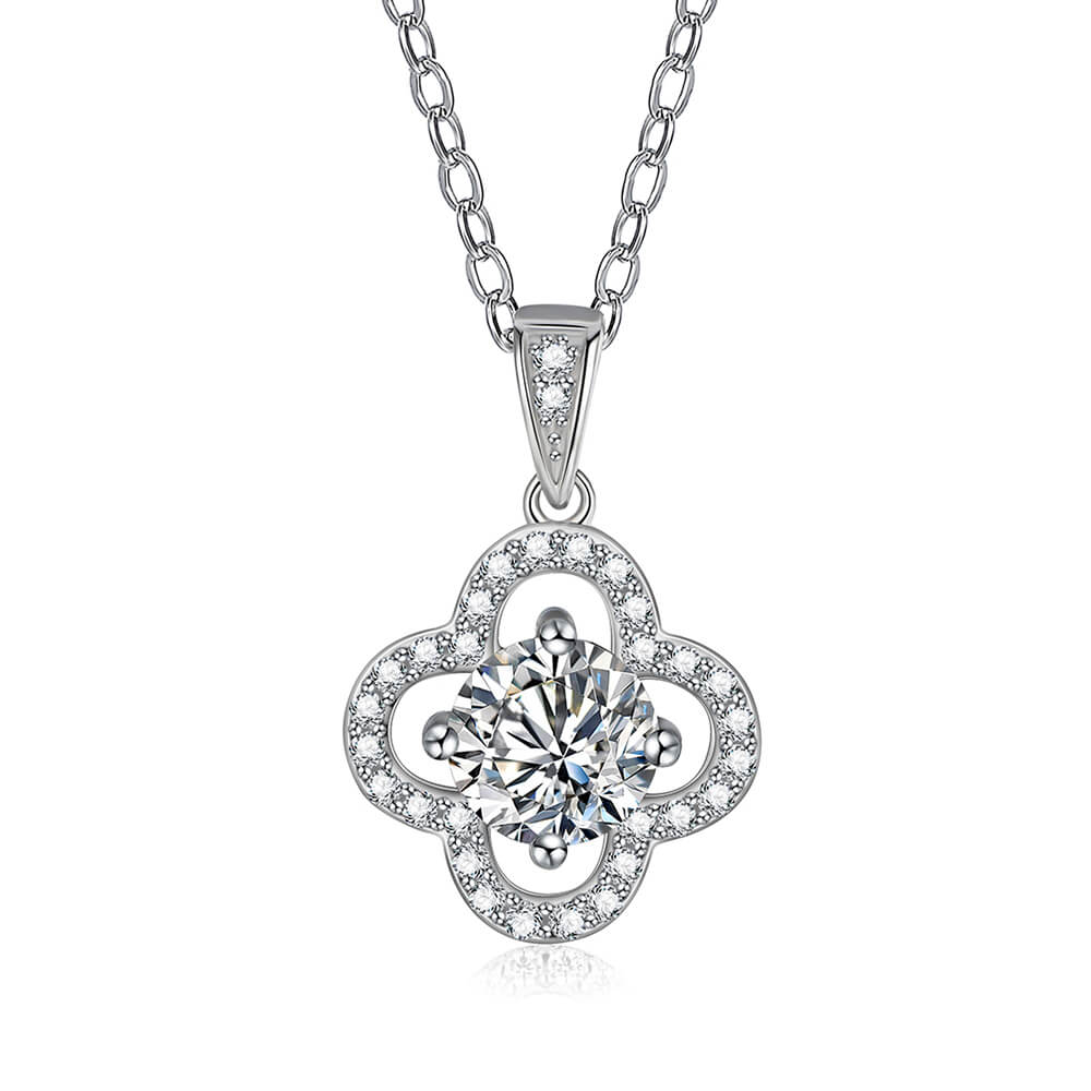 Moissanite Four Leaf Clover Pave Charm Necklace in Sterling Silver - ReadYourHeart