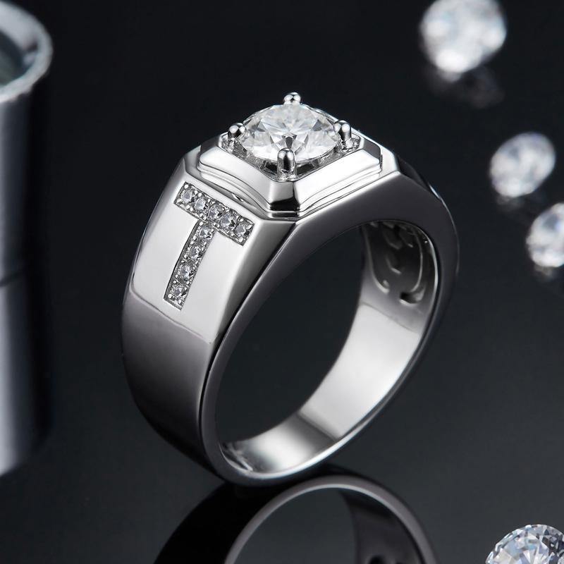 Moissanite T-shaped sterling silver wedding ring for men - ReadYourHeart,RRW-M85A
