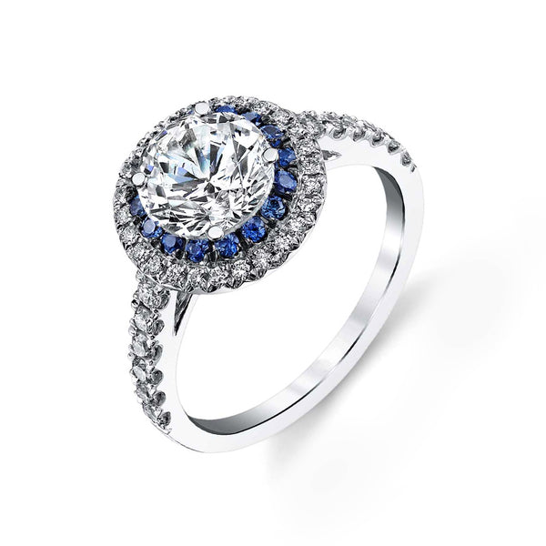 Moissanite and Sapphire Double Halo Pave Engagement Ring - ReadYourHeart