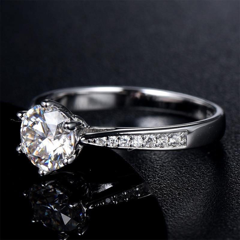 Moissanite classic six prong sterling silver wedding ring with Side Stones Promise Bridal Ring - ReadYourHeart,RRW-M03B