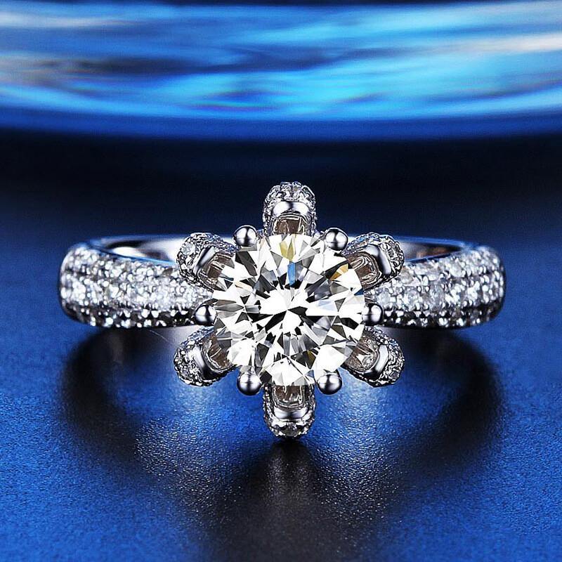 Moissanite flower six prong sterling silver wedding ring - ReadYourHeart