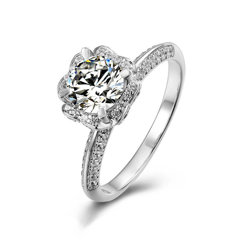 Moissanite four prong hand flower sterling silver wedding ring - ReadYourHeart