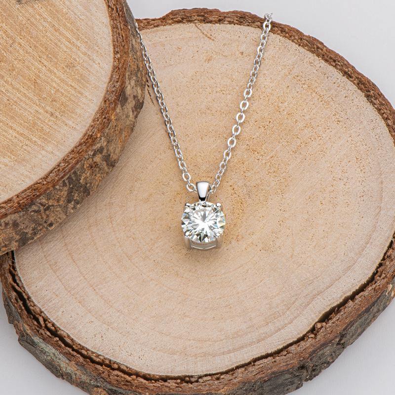 Moissanite round four Prong classic sterling silver necklace pendant - ReadYourHeart,RNA-ACP-073G,RNA-ACP-073S