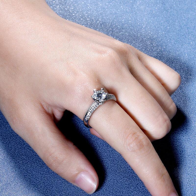 Moissanite six prong luxury arm sterling silver wedding ring - ReadYourHeart