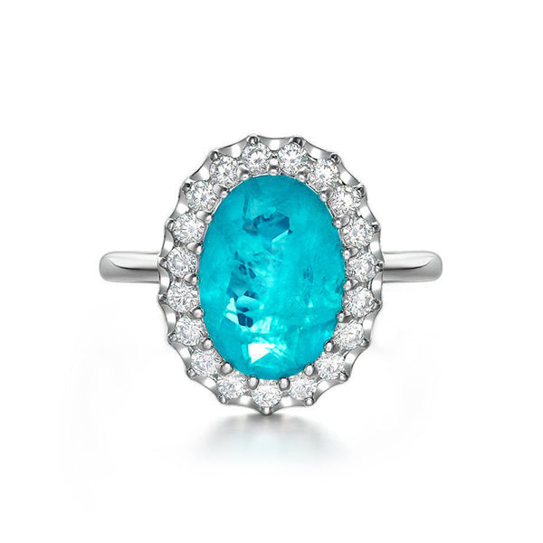 Halo Oval Cut Paraiba Tourmaline Sterling Silver Ring - ReadYourHeart