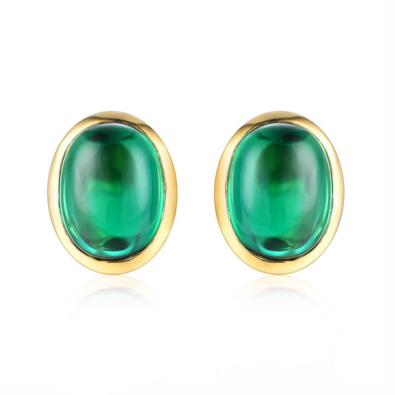 Oval-Shaped Lab-Created Emerald Bezel Sterling Silver Stud Earrings - ReadYourHeart
