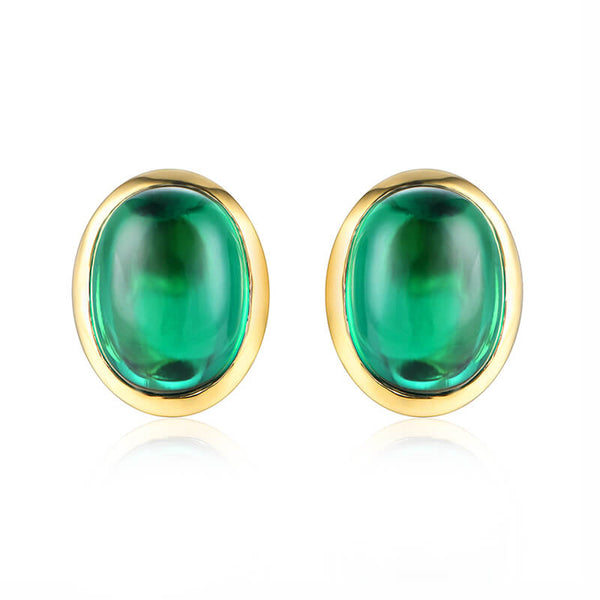 Oval-Shaped Lab-Created Emerald Bezel Sterling Silver Stud Earrings - ReadYourHeart