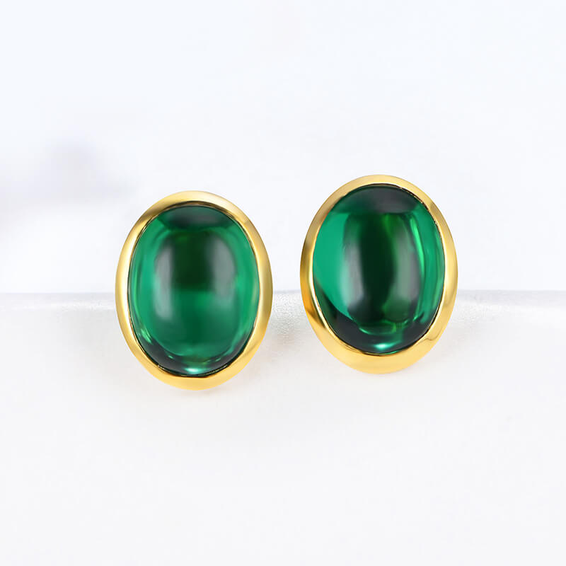 Oval-Shaped Lab-Created Emerald Bezel Sterling Silver Stud Earrings - ReadYourHeart