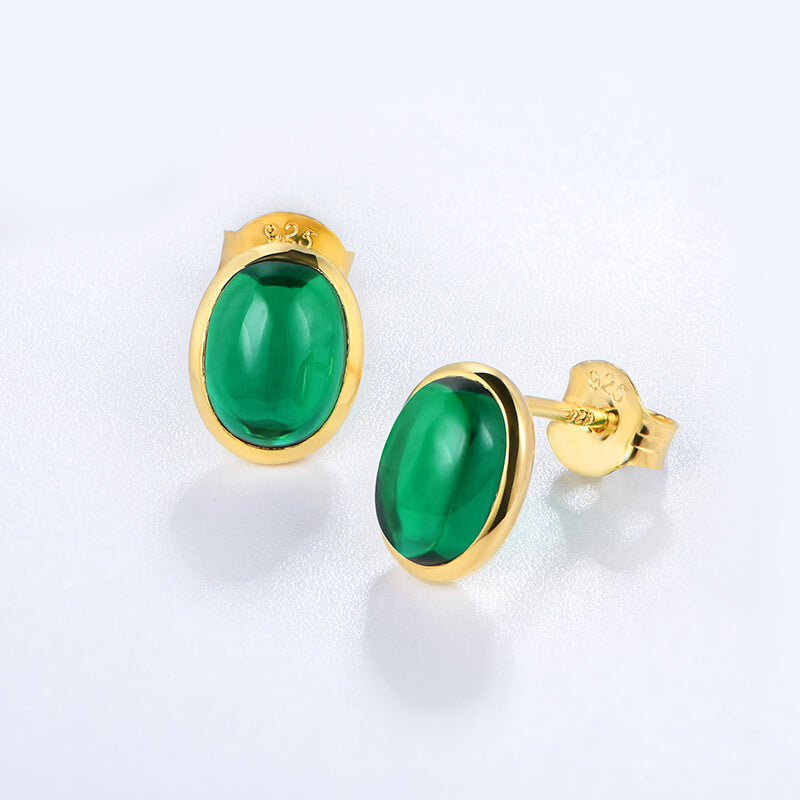 Oval-Shaped Lab-Created Emerald Bezel Sterling Silver Stud Earrings - ReadYourHeart