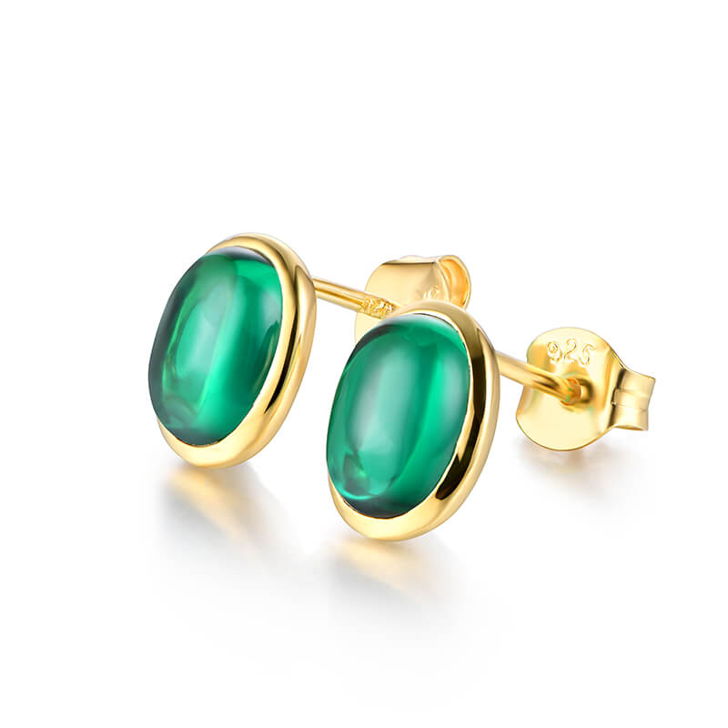 Oval-Shaped Lab-Created Emerald Bezel Sterling Silver Stud Earrings - ReadYourHeart