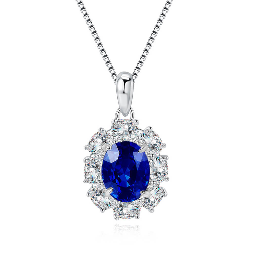 Oval Halo Lab-Sapphire Sterling Silver Necklace Pendant - ReadYourHeart
