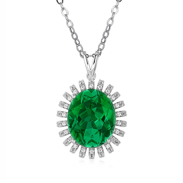 Oval Lab-Created Emerald Flower Sterling Silver Necklace