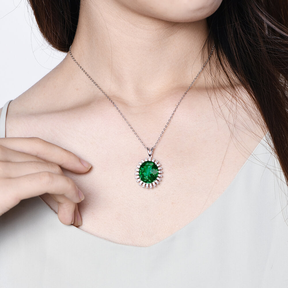 Oval Lab-Created Emerald Flower Sterling Silver Necklace - ReadYourHeart