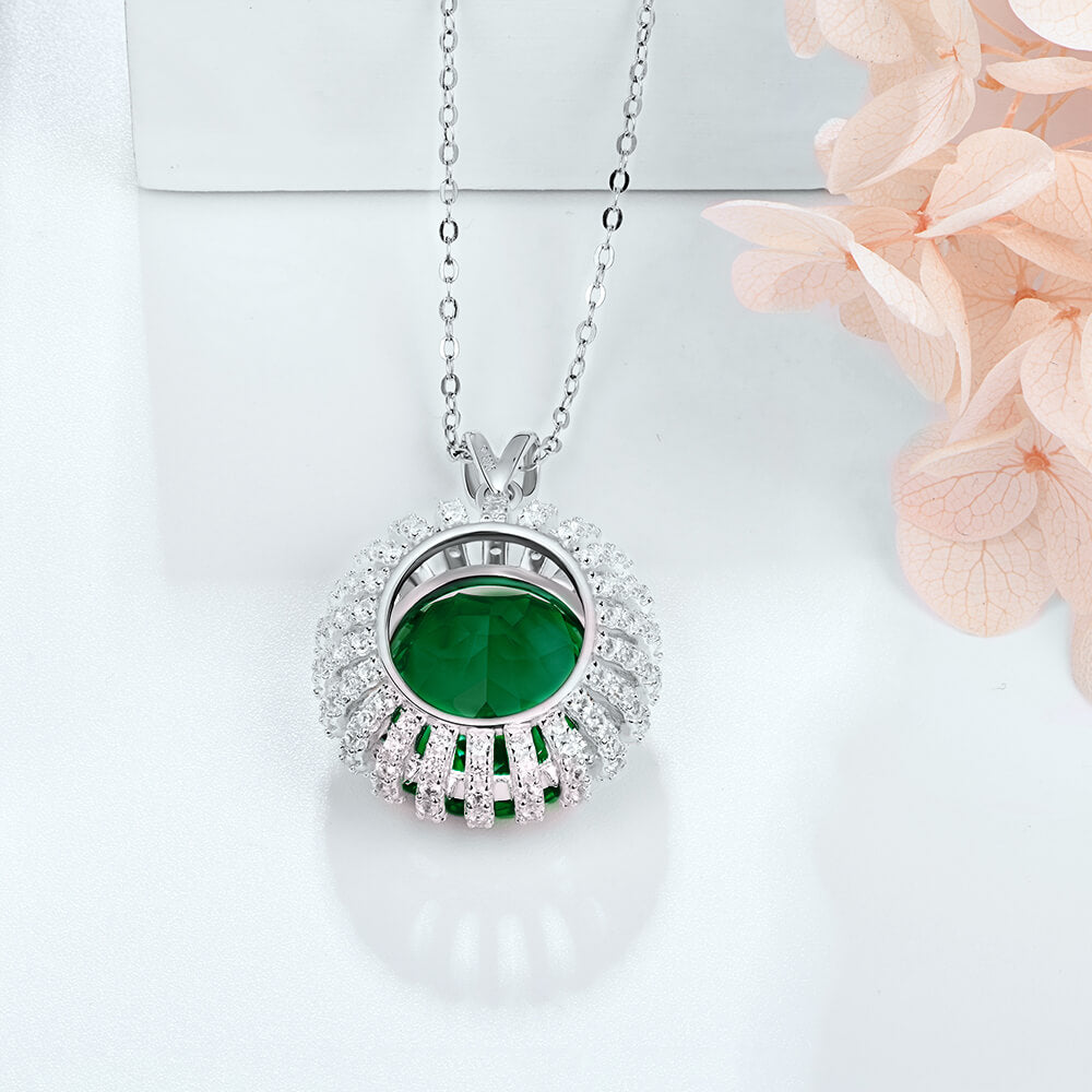 Oval Lab-Created Emerald Flower Sterling Silver Necklace - ReadYourHeart