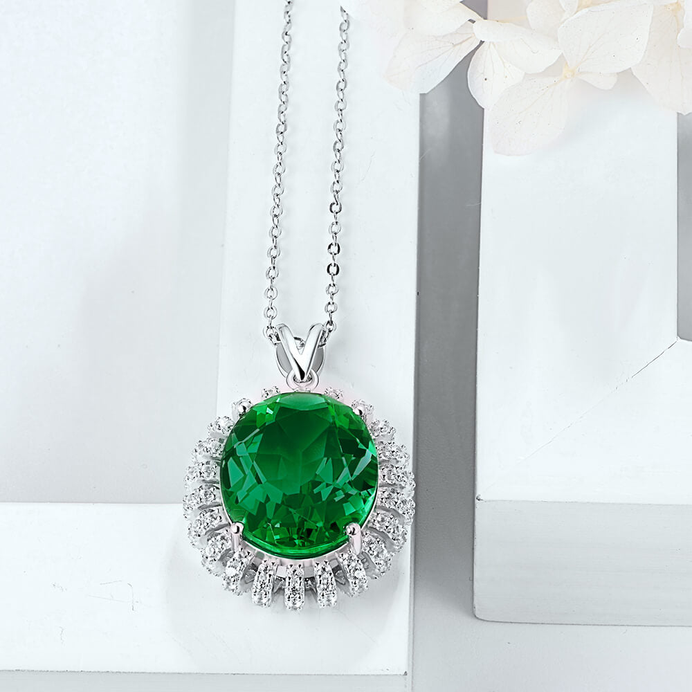 Oval Lab-Created Emerald Flower Sterling Silver Necklace - ReadYourHeart