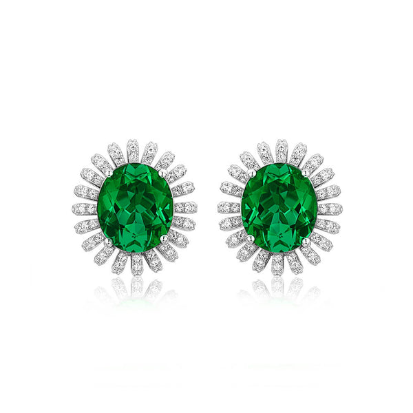 Oval Lab-Created Emerald Flower Sterling Silver Stud Earrings
