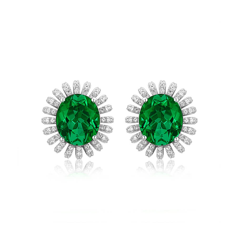 Oval Lab-Created Emerald Flower Sterling Silver Stud Earrings - ReadYourHeart