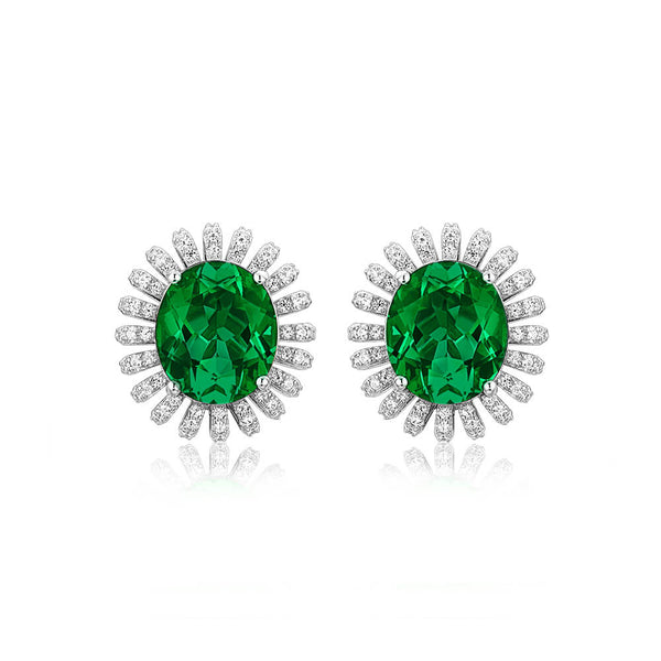Oval Lab-Created Emerald Flower Sterling Silver Stud Earrings - ReadYourHeart