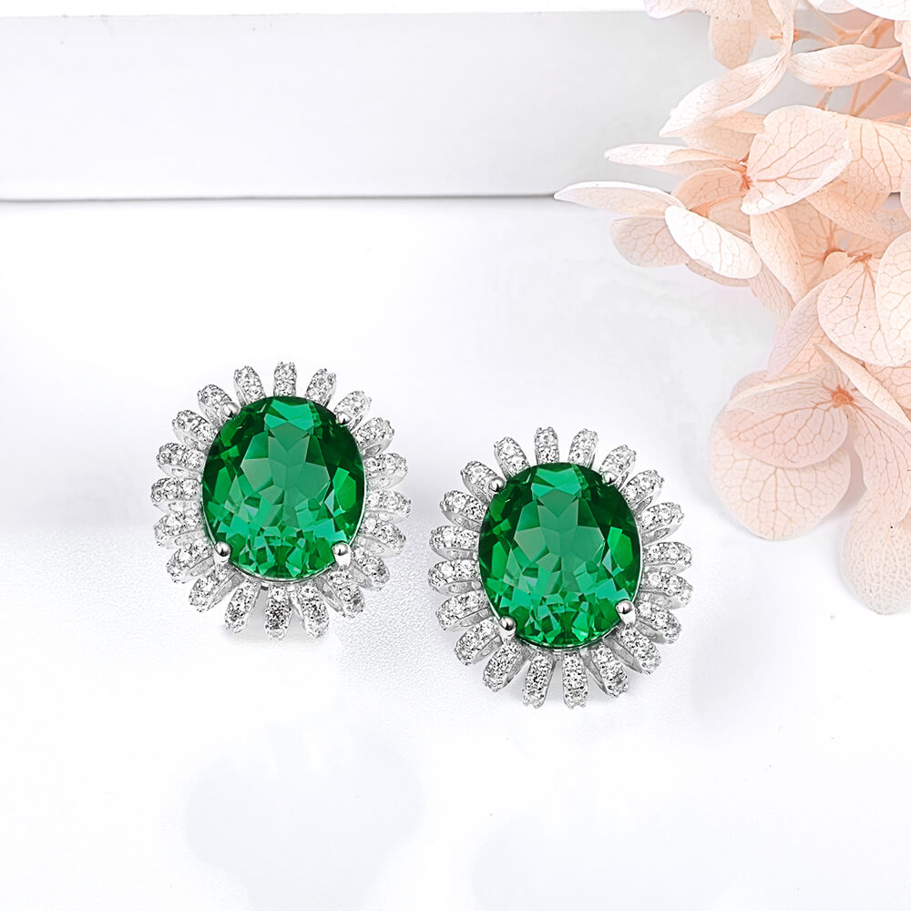 Oval Lab-Created Emerald Flower Sterling Silver Stud Earrings - ReadYourHeart