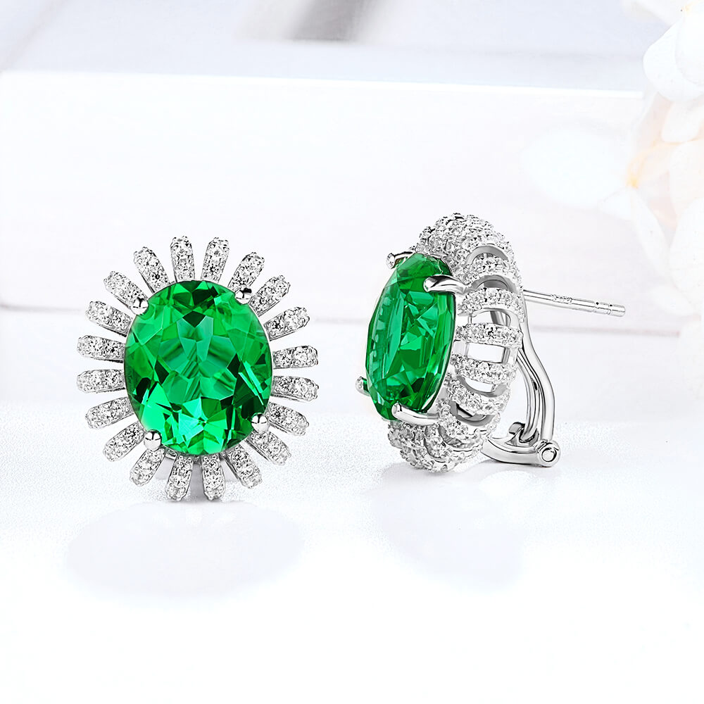Oval Lab-Created Emerald Flower Sterling Silver Stud Earrings - ReadYourHeart
