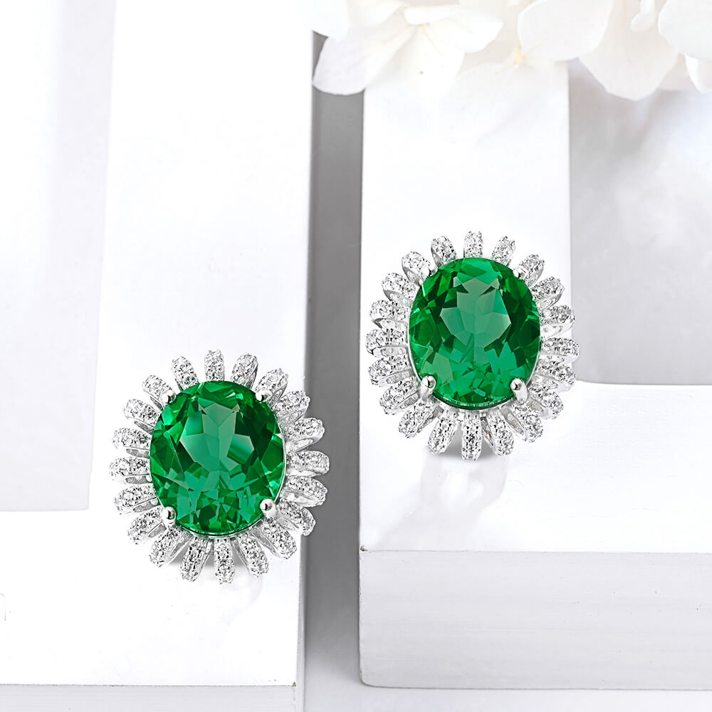 Oval Lab-Created Emerald Flower Sterling Silver Stud Earrings - ReadYourHeart