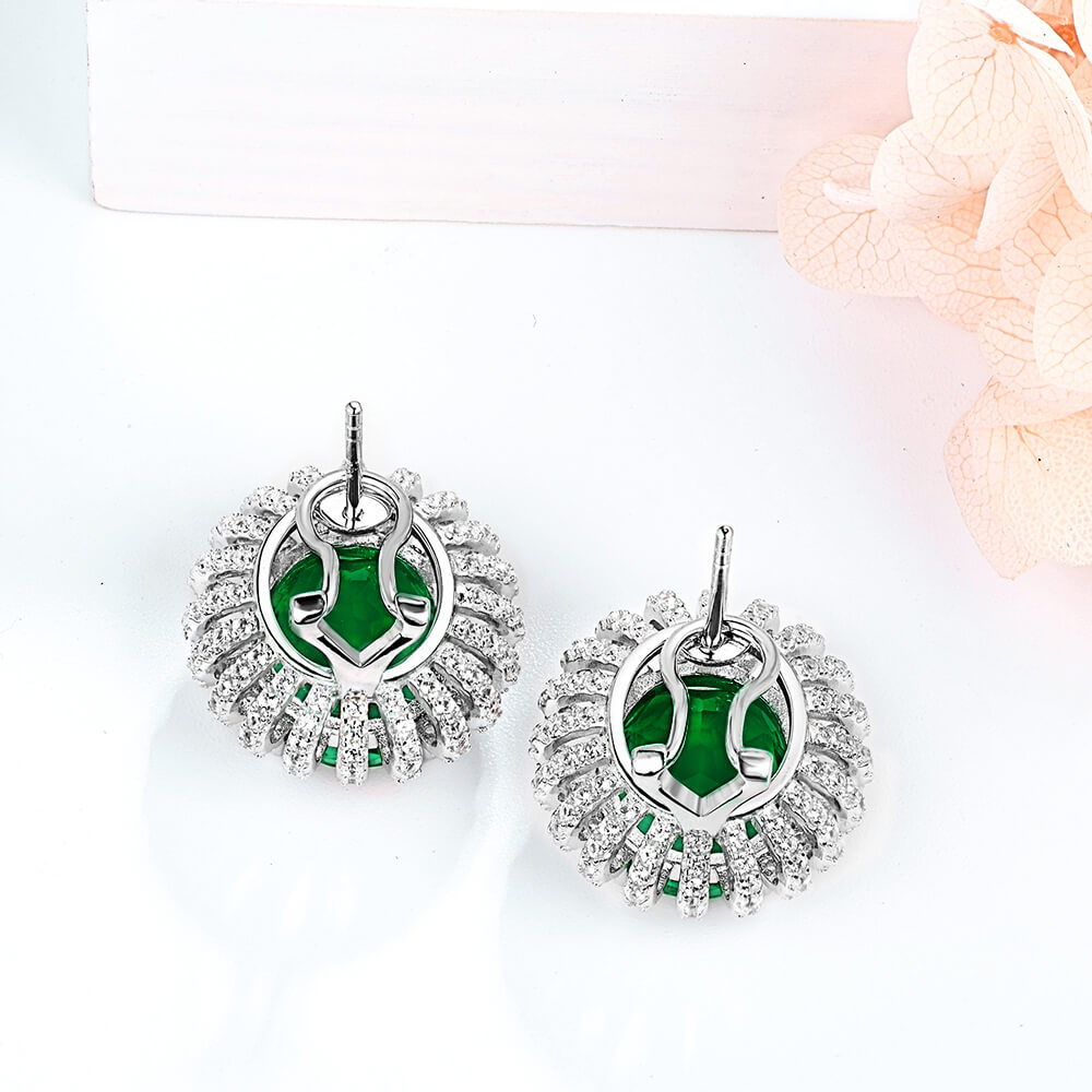 Oval Lab-Created Emerald Flower Sterling Silver Stud Earrings - ReadYourHeart