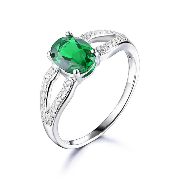 Oval Lab-Created Emerald Split Shank Pave Sterling Silver Ring - ReadYourHeart