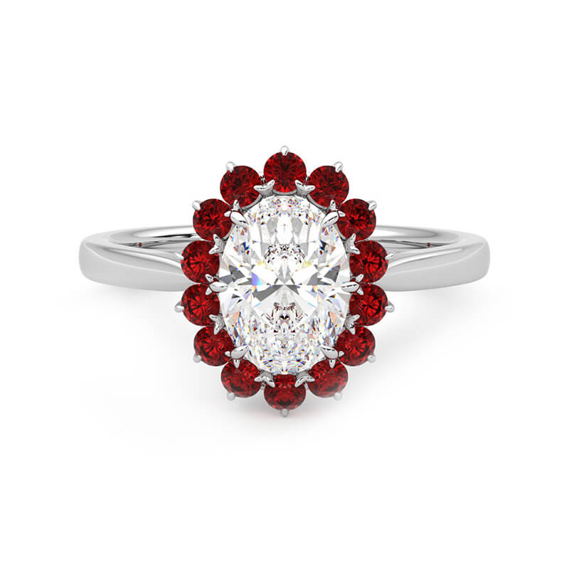 Oval Moissanite With Floral Ruby Halo Engagement Ring - ReadYourHeart