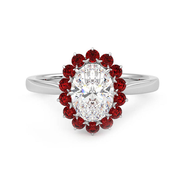 Oval Moissanite With Floral Ruby Halo Engagement Ring - ReadYourHeart