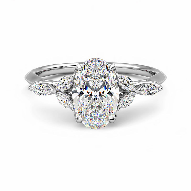 Oval Moissanite With Marquise Petals Accents Engagement Ring - ReadYourHeart