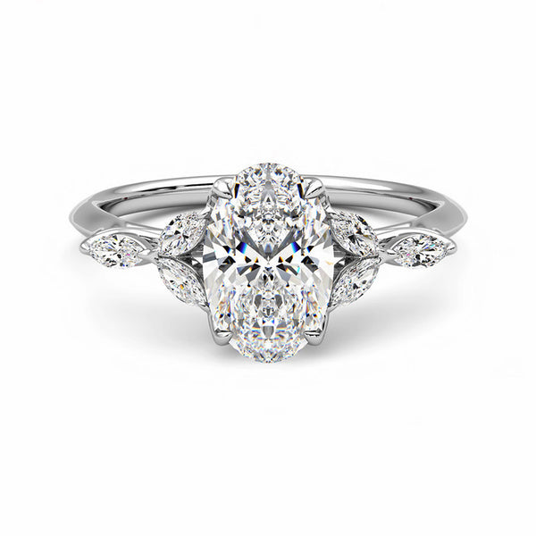 Oval Moissanite With Marquise Petals Accents Engagement Ring - ReadYourHeart