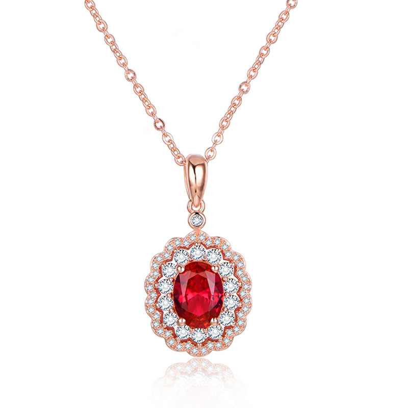 Oval Ruby Double Halo Sterling Silver Necklace Pendant - ReadYourHeart