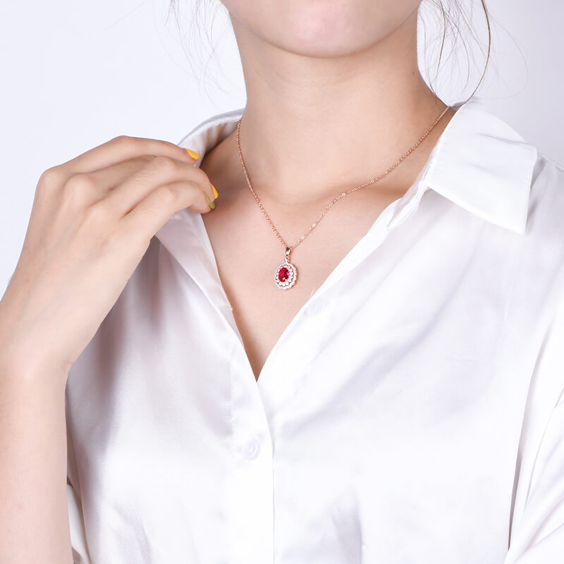 Oval Ruby Double Halo Sterling Silver Necklace Pendant - ReadYourHeart