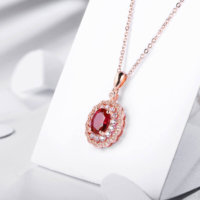Oval Ruby Double Halo Sterling Silver Necklace Pendant - ReadYourHeart