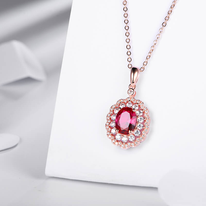 Oval Ruby Double Halo Sterling Silver Necklace Pendant - ReadYourHeart