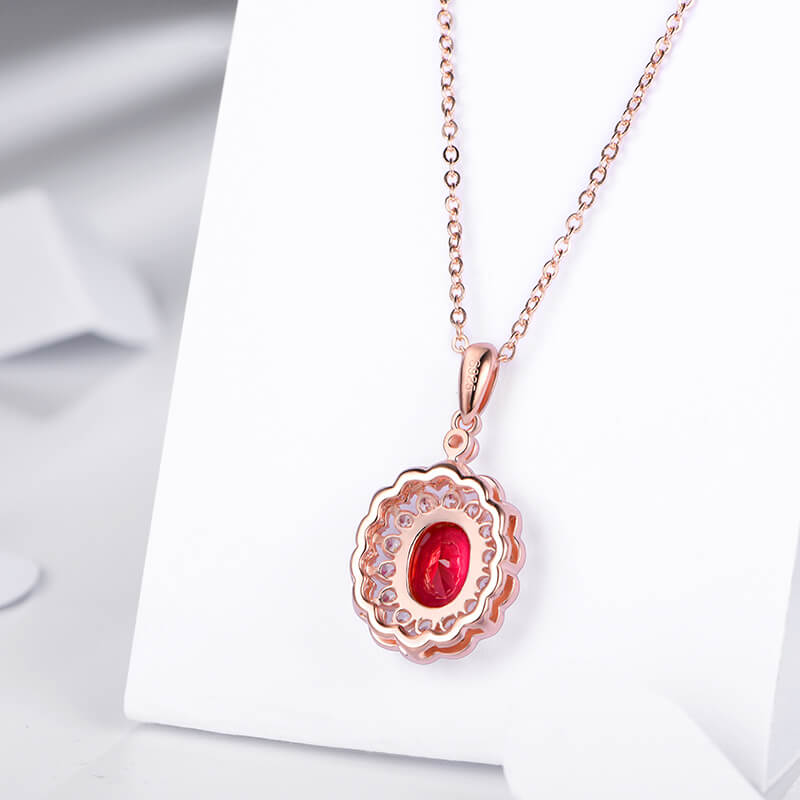 Oval Ruby Double Halo Sterling Silver Necklace Pendant - ReadYourHeart