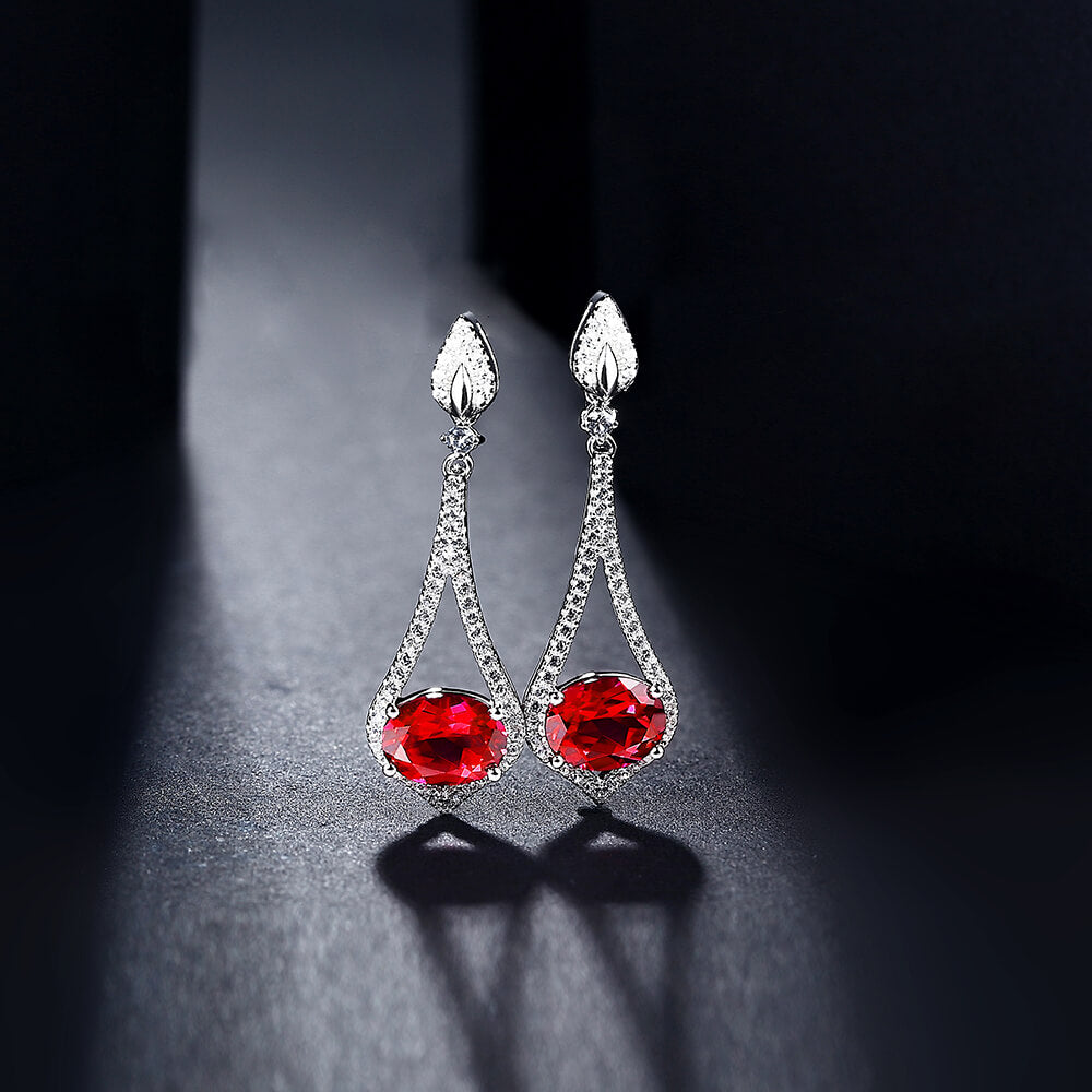 Oval Ruby Sterling Silver Drop Halo Earrings - ReadYourHeart