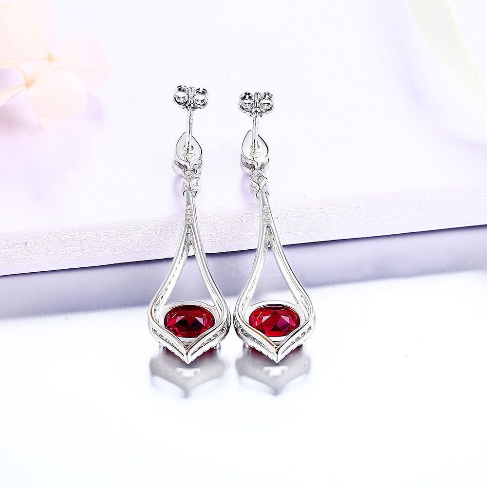Oval Ruby Sterling Silver Drop Halo Earrings - ReadYourHeart
