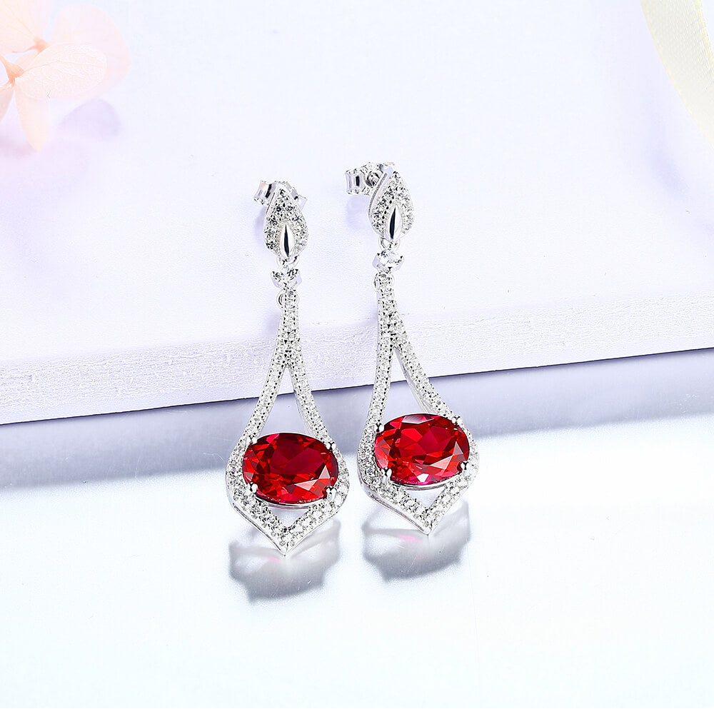 Oval Ruby Sterling Silver Drop Halo Earrings - ReadYourHeart